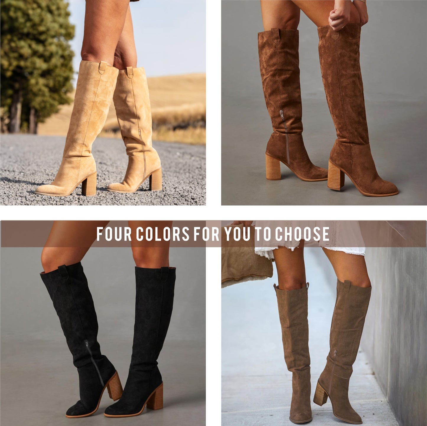 Erocalli Brown Knee-High Boots Suede Boots Fall Boot For Women Chunky Block High Heel Slouchy Boot Round Toe Side Zipper