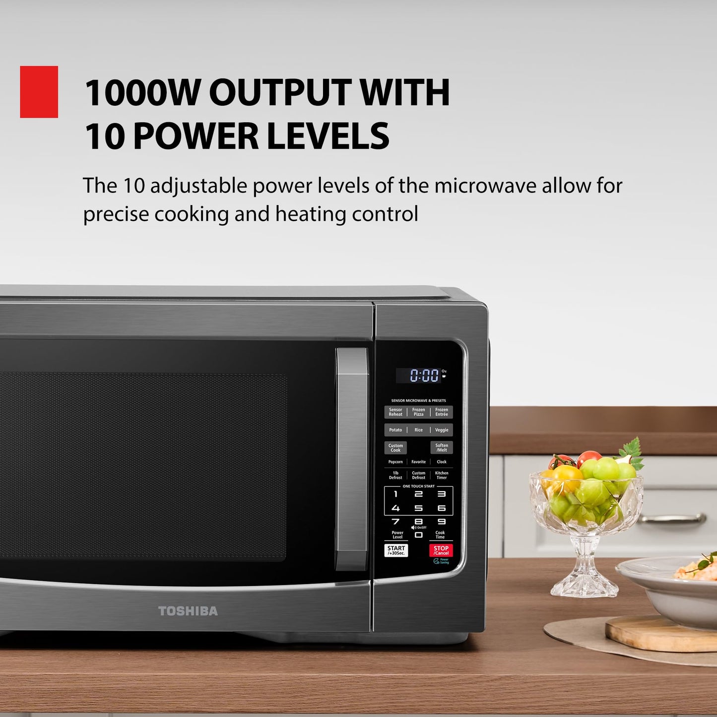 TOSHIBA EM131A5C-BS Countertop Microwave Ovens 1.2 Cu Ft, 12.4" Removable Turntable Smart Humidity Sensor 12 Auto Menus Mute Function ECO Mode Easy Clean Interior Black Color 1000W