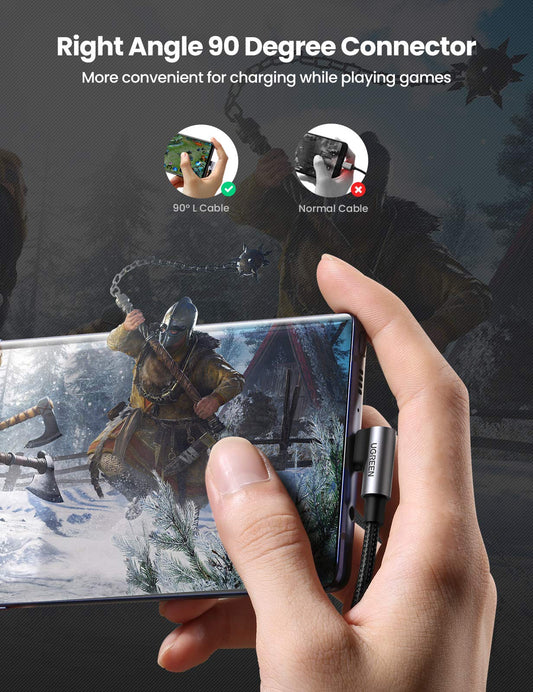 UGREEN USB to USB C Cable 90 Degree USB C Fast Charging Cord Compatible with iPhone 17/16/16 Plus/16 Pro/16 Pro Max/15/Samsung Galaxy S10/S10+/Pixel 9/6a/LG G8/G7/Pixel/Switch, etc, 1.6FT