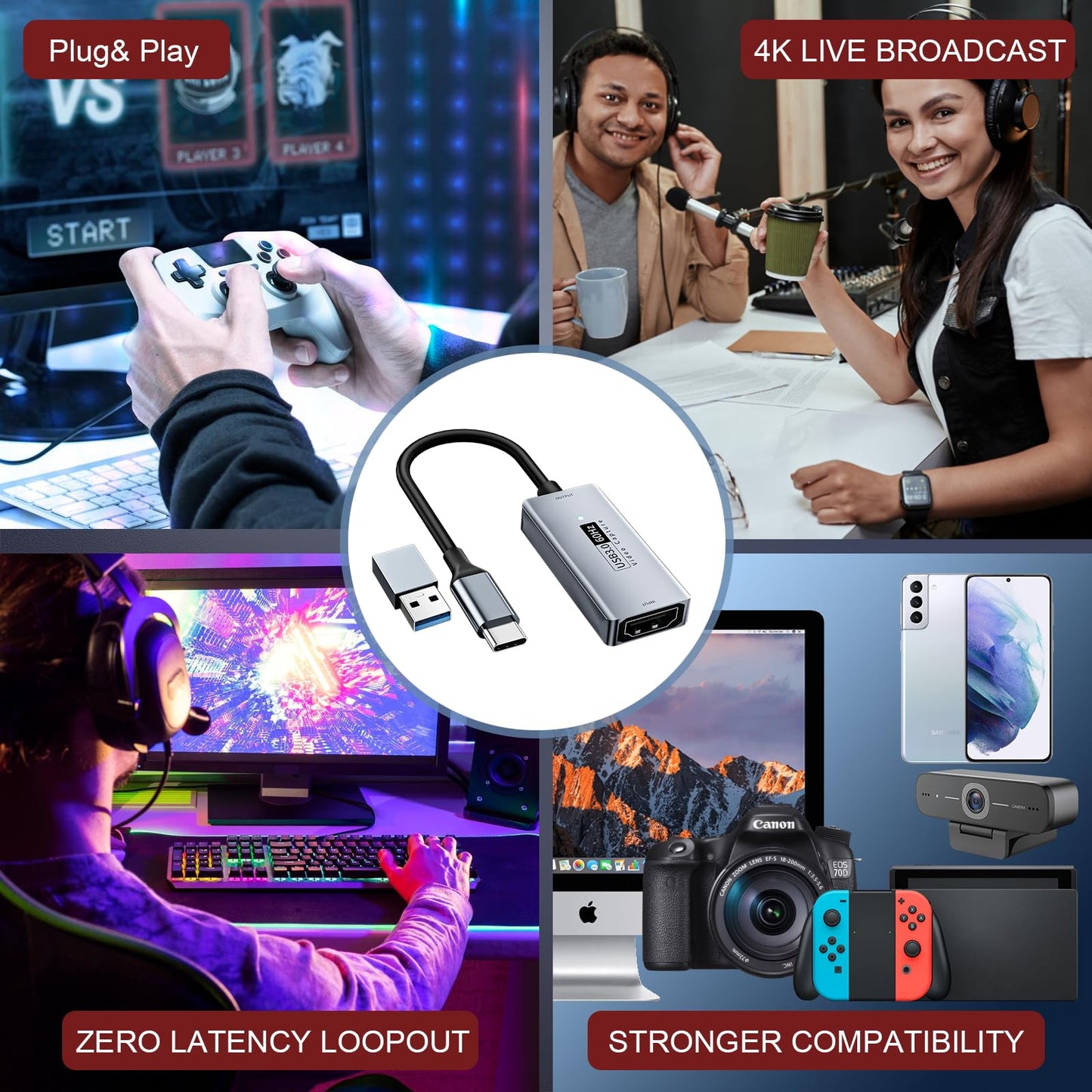 Newhope Video Capture Card, 4K HDMI to USB C 3.0 Capture Card, 1080P HD 60fps Live and Record Video Audio Grabber for Gaming, Streaming, Teaching, Video Conference