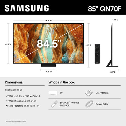 Samsung 85-Inch Class Neo QLED QN70F 4K Mini LED Smart TV (2025 Model) NQ4 AI Gen2 Processor, Quantum Matrix Technology Slim, Motion Xcelerator 144Hz, Samsung Vision AI, Alexa Built-in