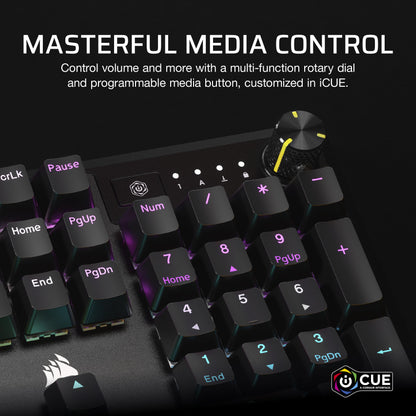 CORSAIR K70 CORE RGB Mechanical Wired Gaming Keyboard with Palmrest – Pre-Lubed MLX Red Linear Switches, SOCD, ABS Double-Shot Keycaps, Sound Dampening, Media Control Dial, QWERTY NA – Black