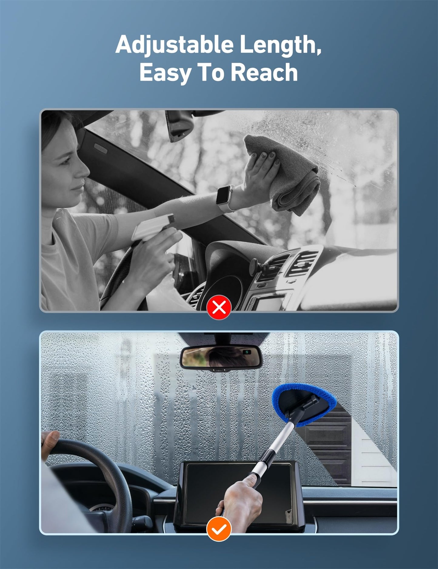 AstroAI Windshield Cleaner Tool, Car Interior Detailing Cleaning Kit with Extendable Handle and 4 Upgraded High-Density Reusable Microfiber Pads, Auto Glass Wiper Brush Kit for Cars, Blue, 15.9in-21in