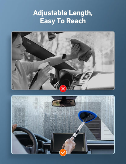 AstroAI Windshield Cleaner Tool, Car Interior Detailing Cleaning Kit with Extendable Handle and 4 Upgraded High-Density Reusable Microfiber Pads, Auto Glass Wiper Brush Kit for Cars, Blue, 15.9in-21in