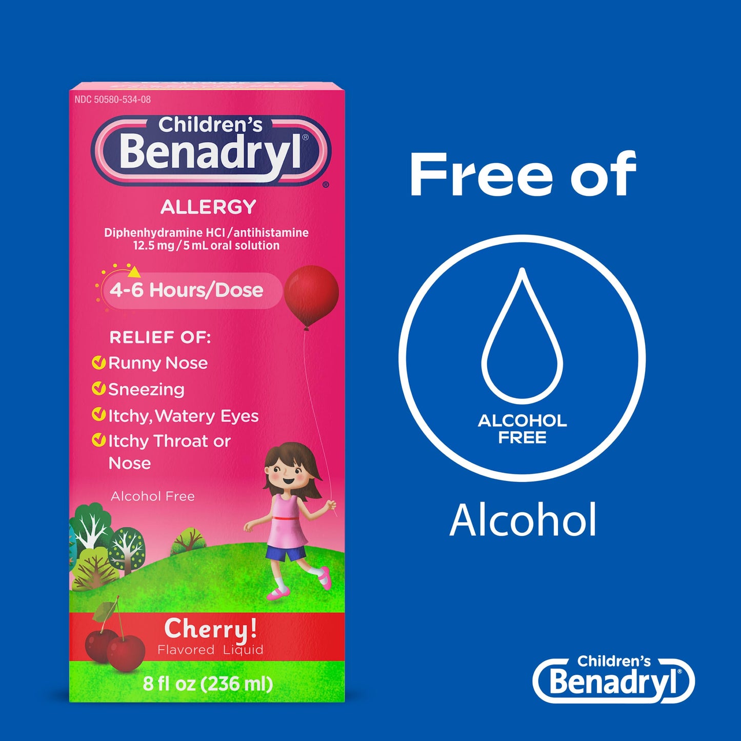 Benadryl Children's Allergy Relief Liquid Medicine with Diphenhydramine HCl Antihistamine for Kids, Effective Allergy Relief, Cherry Flavor, 8 fl. oz