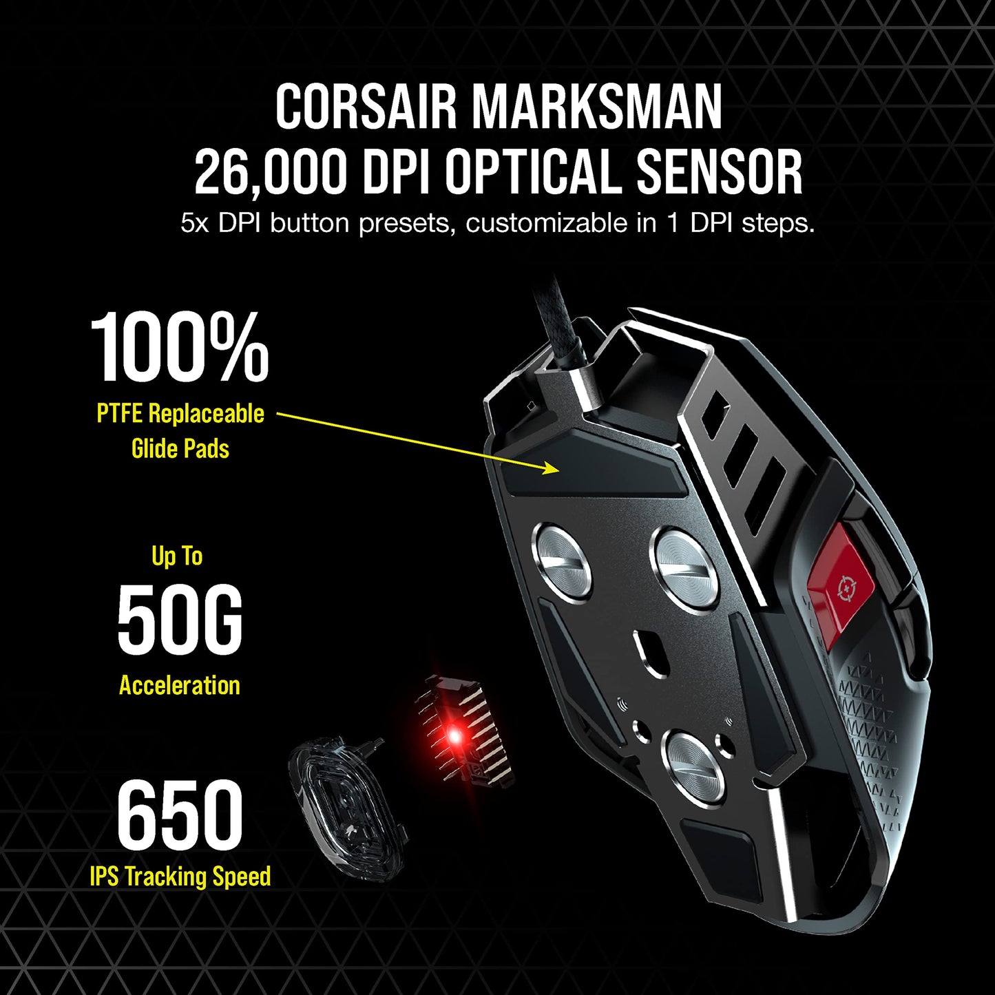 Corsair M65 RGB Ultra Tunable FPS Gaming Mouse Marksman 26,000 DPI Optical Sensor, Optical Switches, AXON Hyper-Processing Technology, Sensor Fusion Control, Tunable Weight System - Black