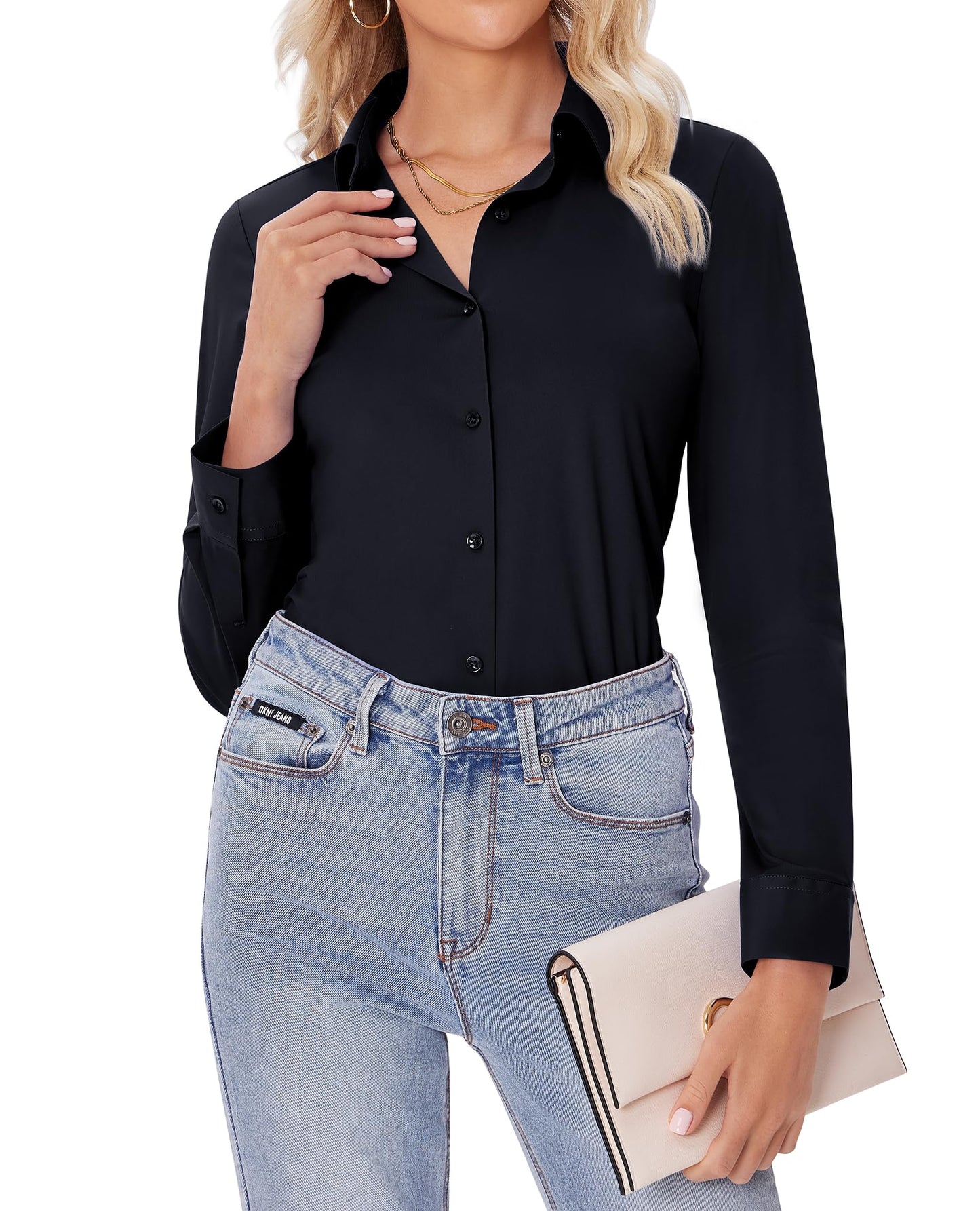 siliteelon Button Down Shirts for Women Slim fit Long Sleeve Stretch Dress Shirts Work Shirt Wrinkle Free Office Blouses Black Medium