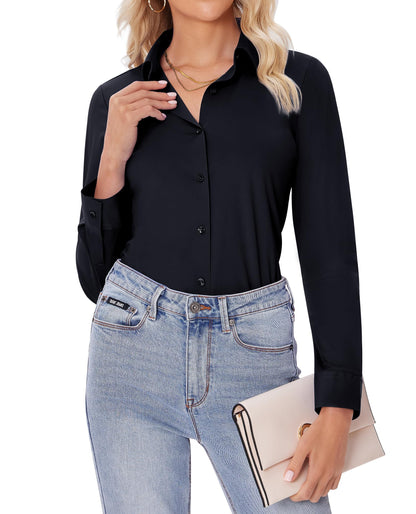 siliteelon Button Down Shirts for Women Slim fit Long Sleeve Stretch Dress Shirts Work Shirt Wrinkle Free Office Blouses Black Medium