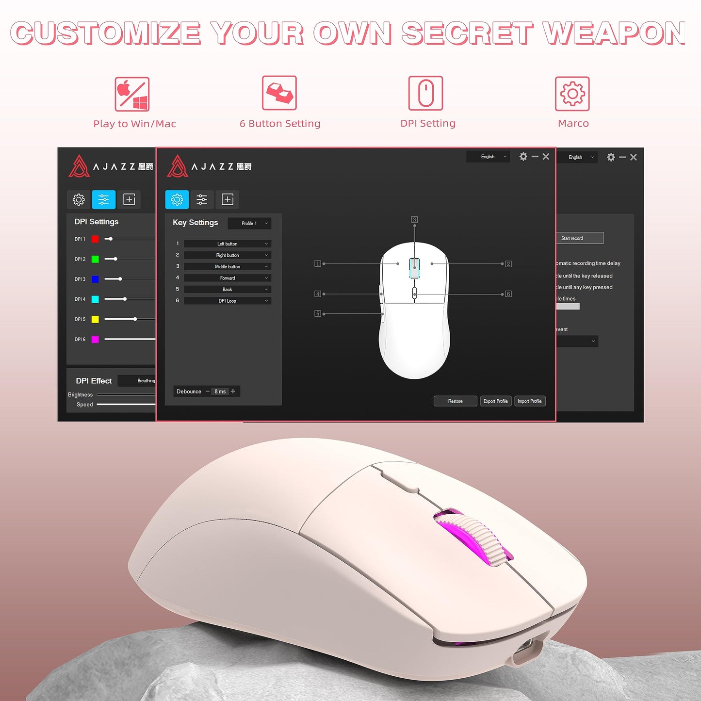 AJAZZ AJ199 Wireless Gaming Mouse,59G Ultra Lightwieght-Huanuo Micro Switch-26K PAW3395 Sensor-40Hrs Battery Life-2.4G/USB-C Mouse Gaming -Wireless Computer Mouse 6 Programmable Buttons,100% PTFE Feet