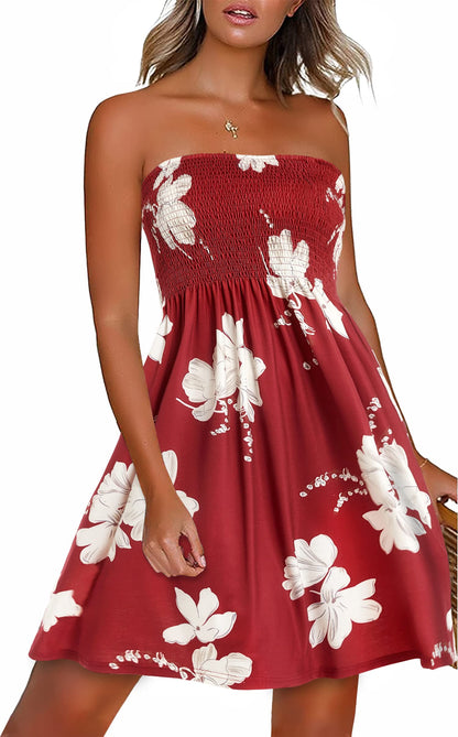 Sundresses for Women Casual Beach Summer Strapless Coverups Tube Tops Off The Shouder Dresses (WineRed,M)