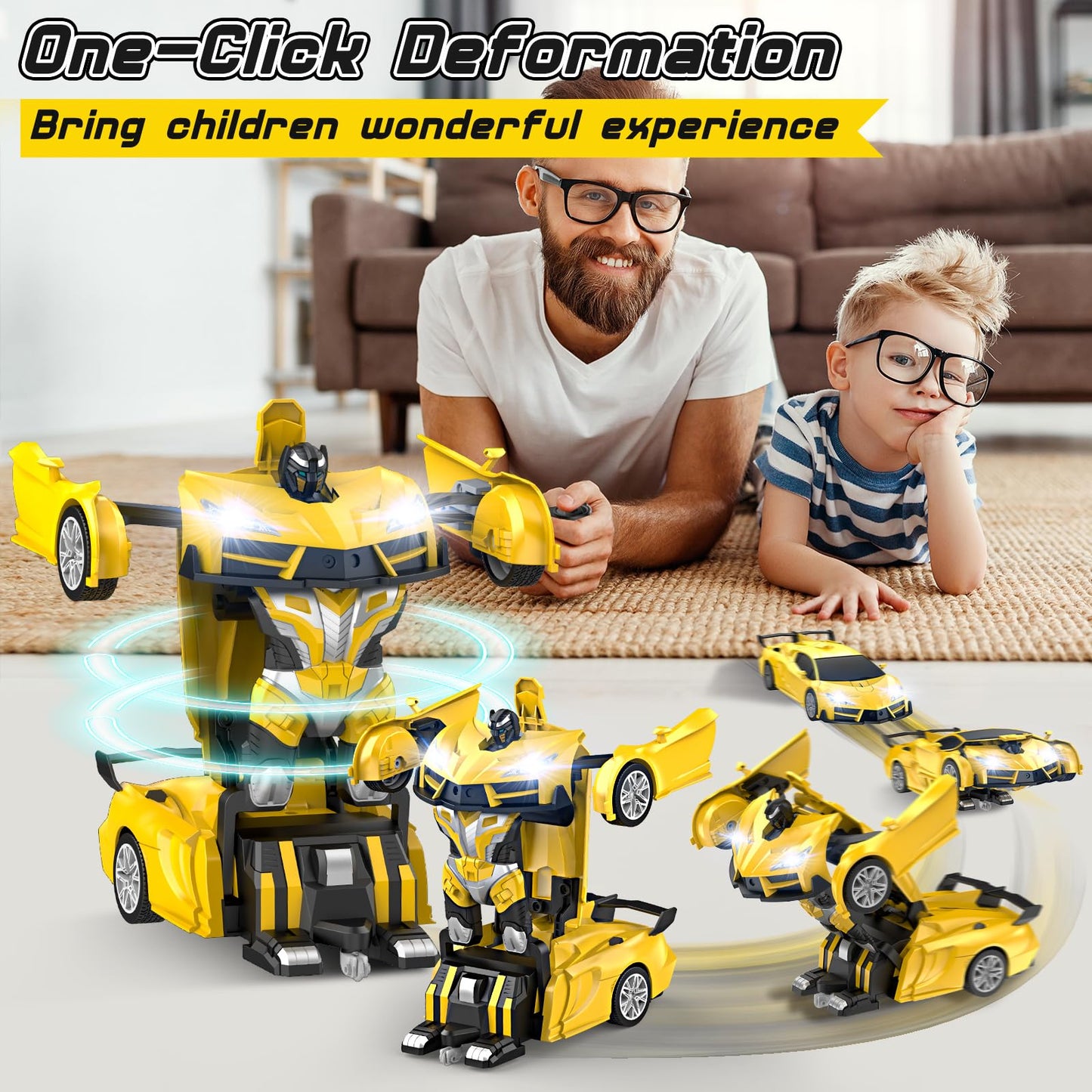 Qumcou Transform Remote Control Car, RC Cars for Boys Age 3-5 6-8, One-Button Transform Toy Cars, 2.4GHz, 360° Spin, 1:16 Scale, Flashing Headlight,3-8 Year Old Grandkids Christmas Birthday Gifts