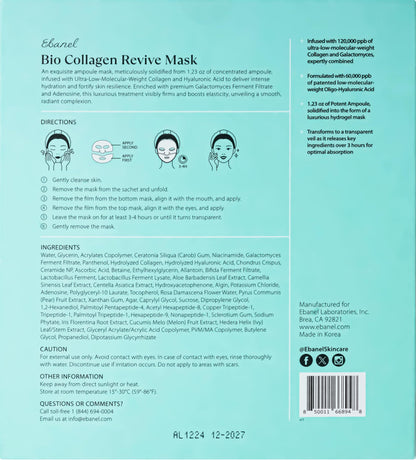 Ebanel Bio Collagen Face Mask, 4-Pack Hydrating Face Masks with 7 Peptides, Hyaluronic Acid, Niacinamide, Centella, Rose Water, Ceramide, and B5, Glass Skin Tightening and Lifting Korean Sheet Masks