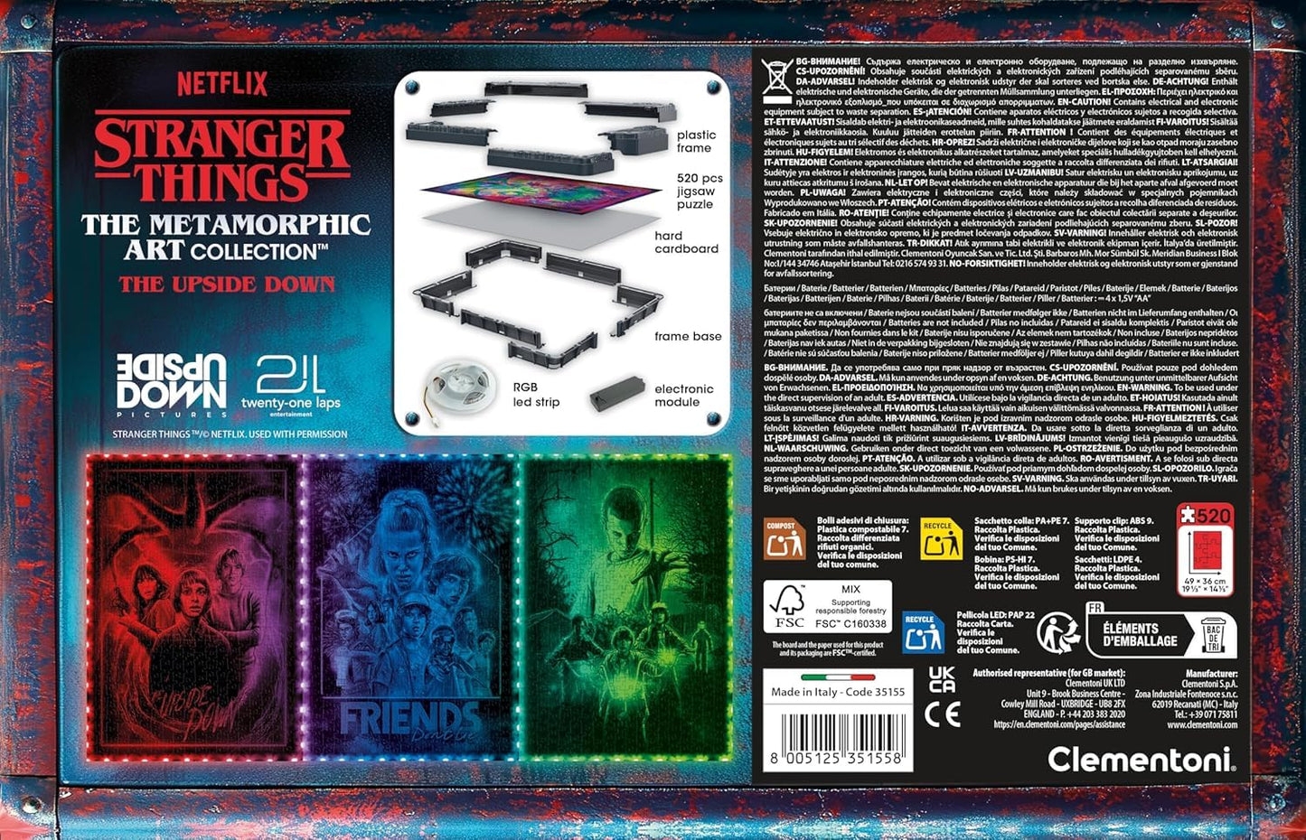 Clementoni Stranger Things Metamorphic Art with LED Light: 520-Piece Puzzle, Colour-Changing Scene with Eleven, Friends and The Mind Flayer