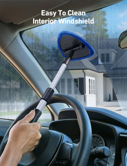 AstroAI Windshield Cleaner Tool, Car Interior Detailing Cleaning Kit with Extendable Handle and 4 Upgraded High-Density Reusable Microfiber Pads, Auto Glass Wiper Brush Kit for Cars, Blue, 15.9in-21in