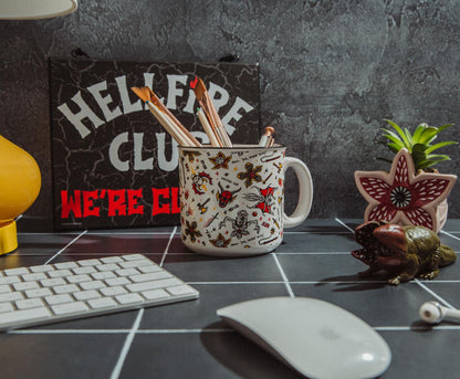 Silver Buffalo Stranger Things Hellfire Club Icons Ceramic Camper Mug | BPA-Free Travel Coffee Cup For Espresso, Cocoa, Tea | Holds 20 Ounces