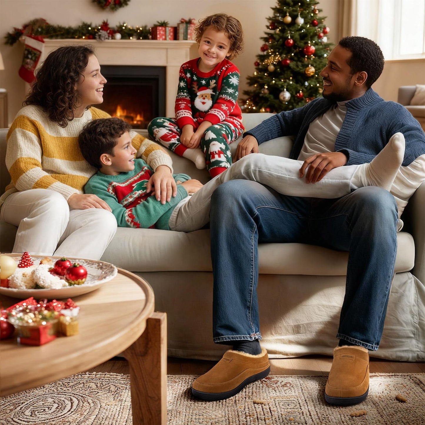 HomeTop Men's Moccasin Slippers Soft Warm Non-slip Memory Foam Indoor House Shoes with Fluffy Lining Chestnut, 9-10 US