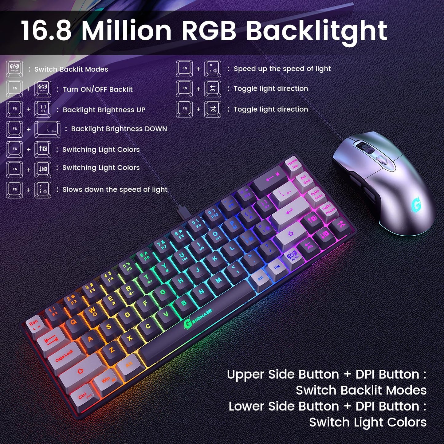 GEODMAER 65% Gaming Keyboard and Mouse Combo, RGB Backlit Keyboard + 7200 DPI Gaming Mouse, Ultra-Compact Anti-Ghosting Wired Keyboard and Mouse for PC Laptop Gamer