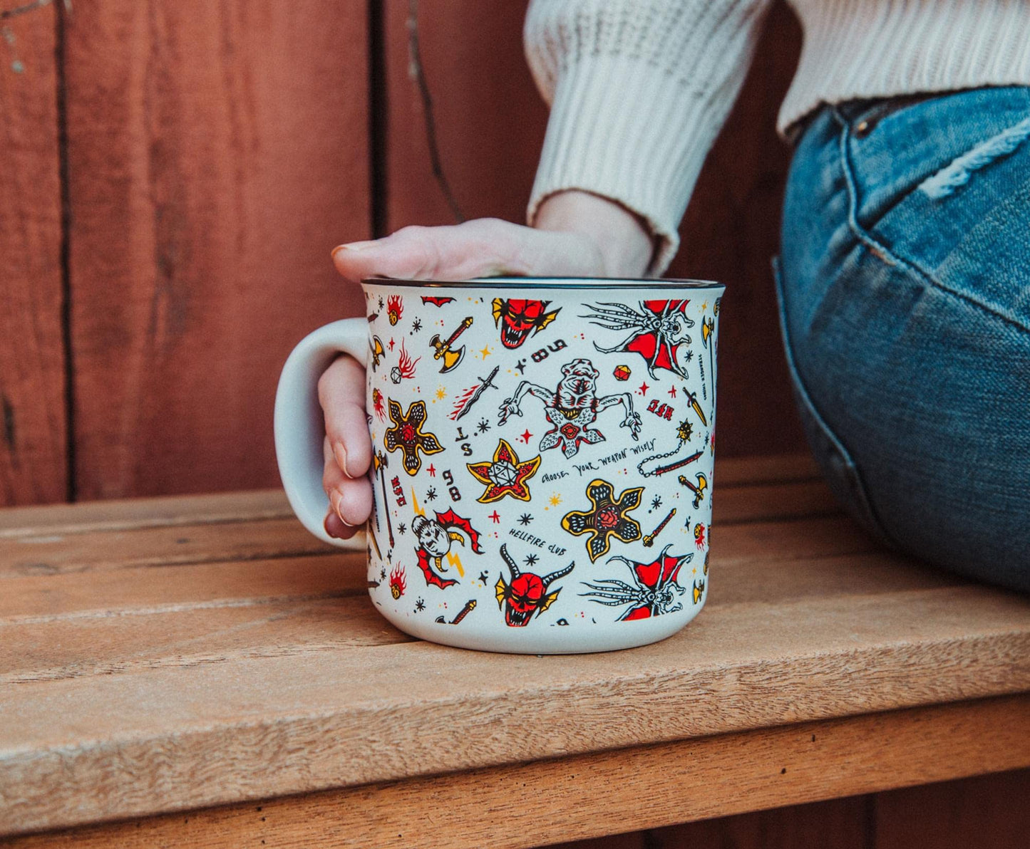 Silver Buffalo Stranger Things Hellfire Club Icons Ceramic Camper Mug | BPA-Free Travel Coffee Cup For Espresso, Cocoa, Tea | Holds 20 Ounces