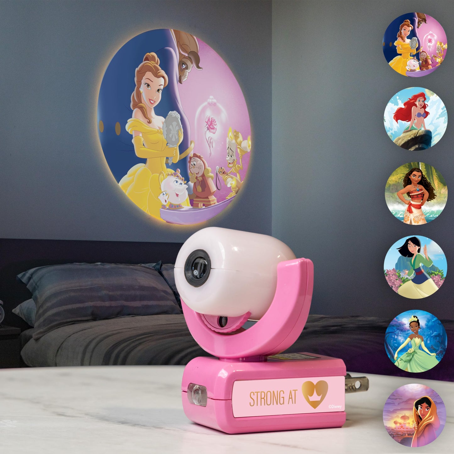 Projectables Disney Princess LED Kids Night Light, Projector, Plug-In, Dusk-to-Dawn Sensor, Belle, Jasmine, Ariel, Moana, Tiana & Mulan, Pink, 11738