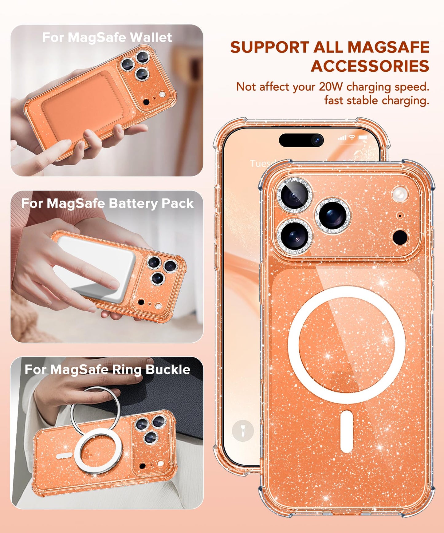 BERFY for iPhone 17 Pro Max Case for Women, Compatible with MagSafe, Clear Glitter Shockproof Protective Case, Anti-Yellowing, with Screen Protector & 3 Diamond Camera Lens Covers 6.9", Sparkle Clear