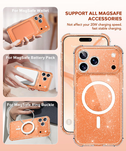 BERFY for iPhone 17 Pro Max Case for Women, Compatible with MagSafe, Clear Glitter Shockproof Protective Case, Anti-Yellowing, with Screen Protector & 3 Diamond Camera Lens Covers 6.9", Sparkle Clear