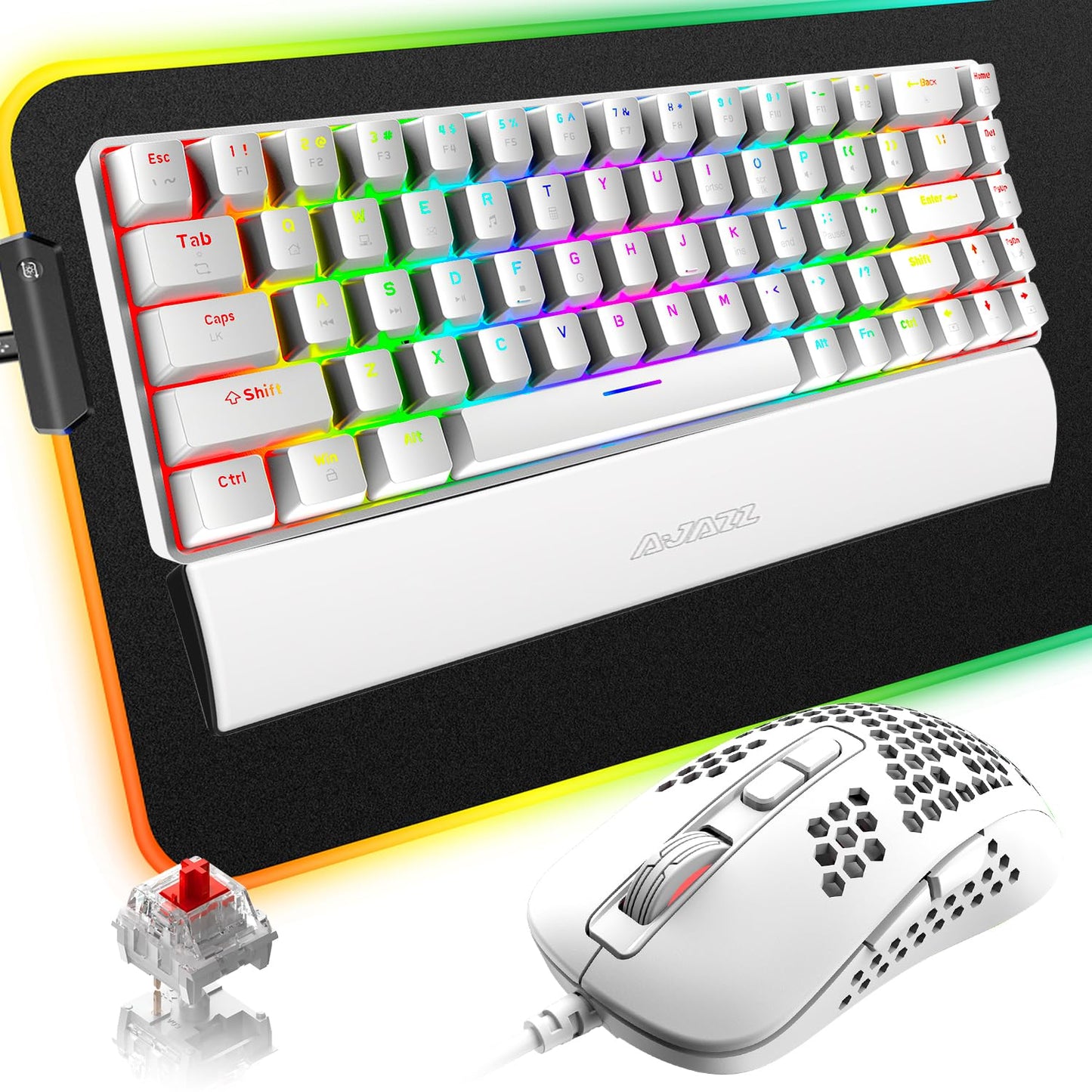 AJAZZ Gaming Keyboard and Mouse and Gaming Mouse pad and Wrist Rest,Wired RGB Backlight Bundle for PC Gamers and Xbox and PS4 Users - 4 in1 Gaming Set (Whisper Quiet Gaming Switch)