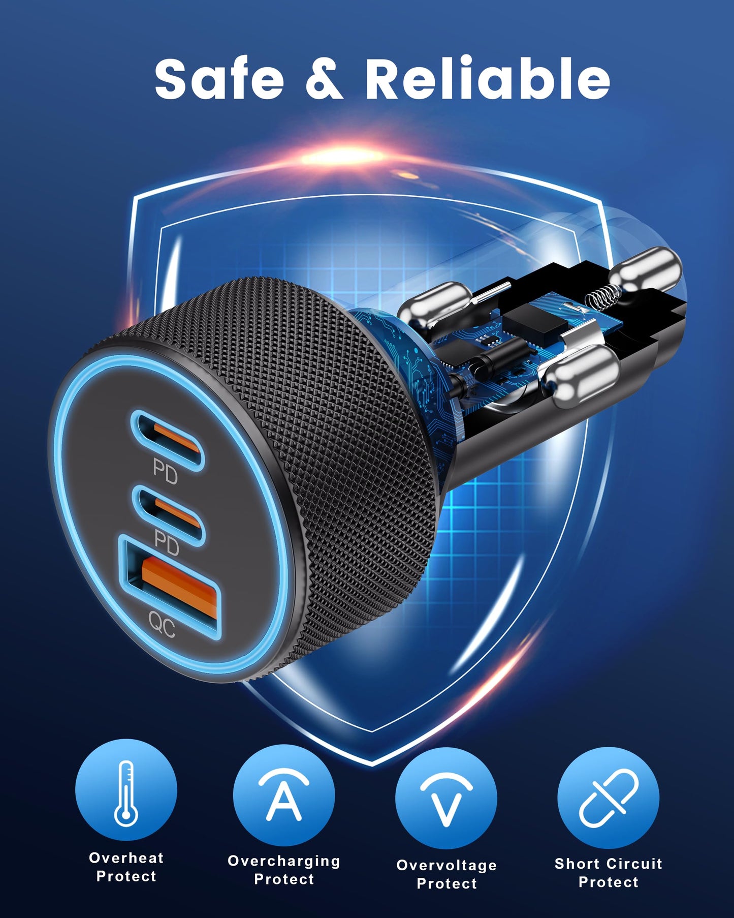 USB C Car Charger, 3-Port 67W Dual USB-C & USB-A Car Power Adapter PD/QC Fast Charging Cigarette Lighter for iPhone 17/16/15/14/13/12/11 Pro Max, iPad, Samsung Galaxy S25 S24/S23/S22, Pixel, Android