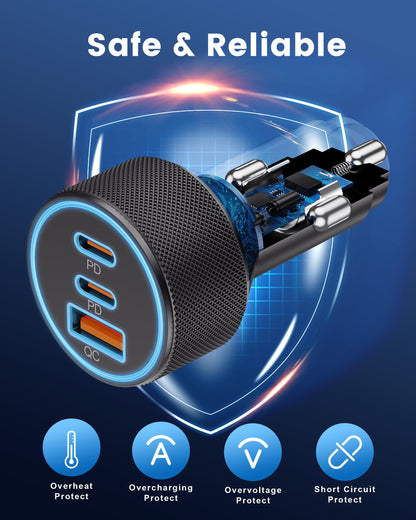 USB C Car Charger, 3-Port 67W Dual USB-C & USB-A Car Power Adapter PD/QC Fast Charging Cigarette Lighter for iPhone 17/16/15/14/13/12/11 Pro Max, iPad, Samsung Galaxy S25 S24/S23/S22, Pixel, Android