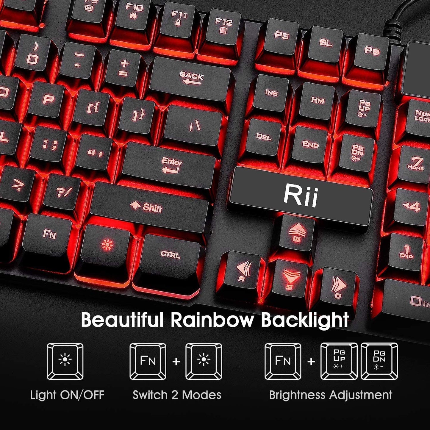 Rii Gaming Keyboard and Mouse Set, 3-LED Backlit Mechanical Feel Business Office Keyboard, Colorful Breathing Backlit Mouse for Working or Primer Gaming, Office Device (RK108)