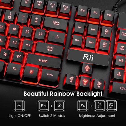 Rii Gaming Keyboard and Mouse Set, 3-LED Backlit Mechanical Feel Business Office Keyboard, Colorful Breathing Backlit Mouse for Working or Primer Gaming, Office Device (RK108)