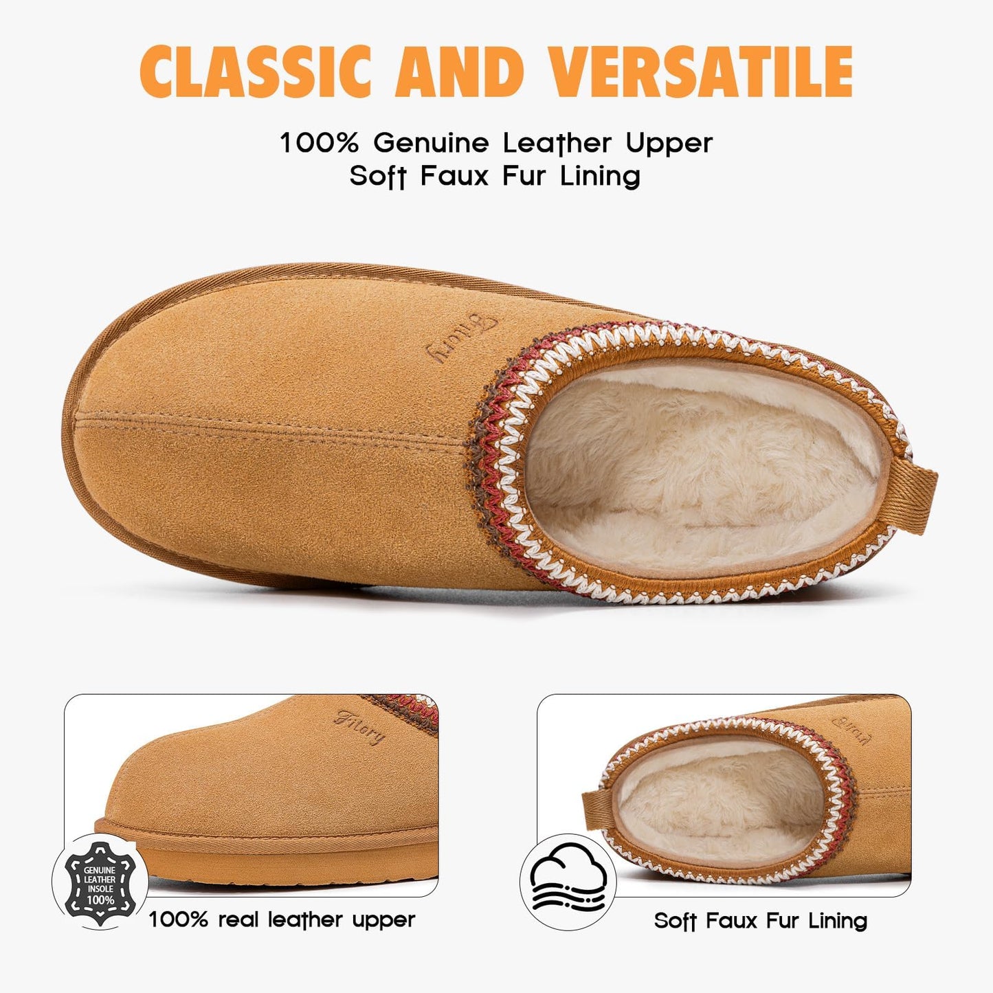 FITORY Women's Suede Slipper, Flat Slip On House Shoes with Faux Fur Lining Indoor Outdoor Short Mini Boots Khaki Size 8