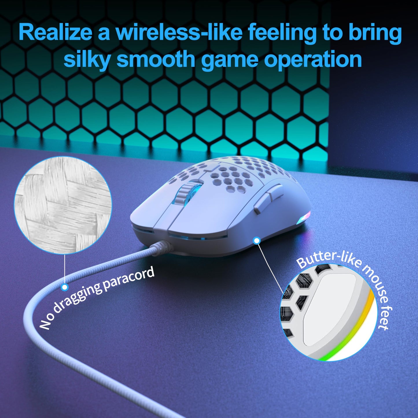 TMKB Falcon M1SE Ultralight Honeycomb Gaming Mouse, High-Precision 12800DPI Optical Sensor, 6 Programmable Buttons, Customizable RGB, Drag-Free Paracord, Ergonomic, Wired - Matte White