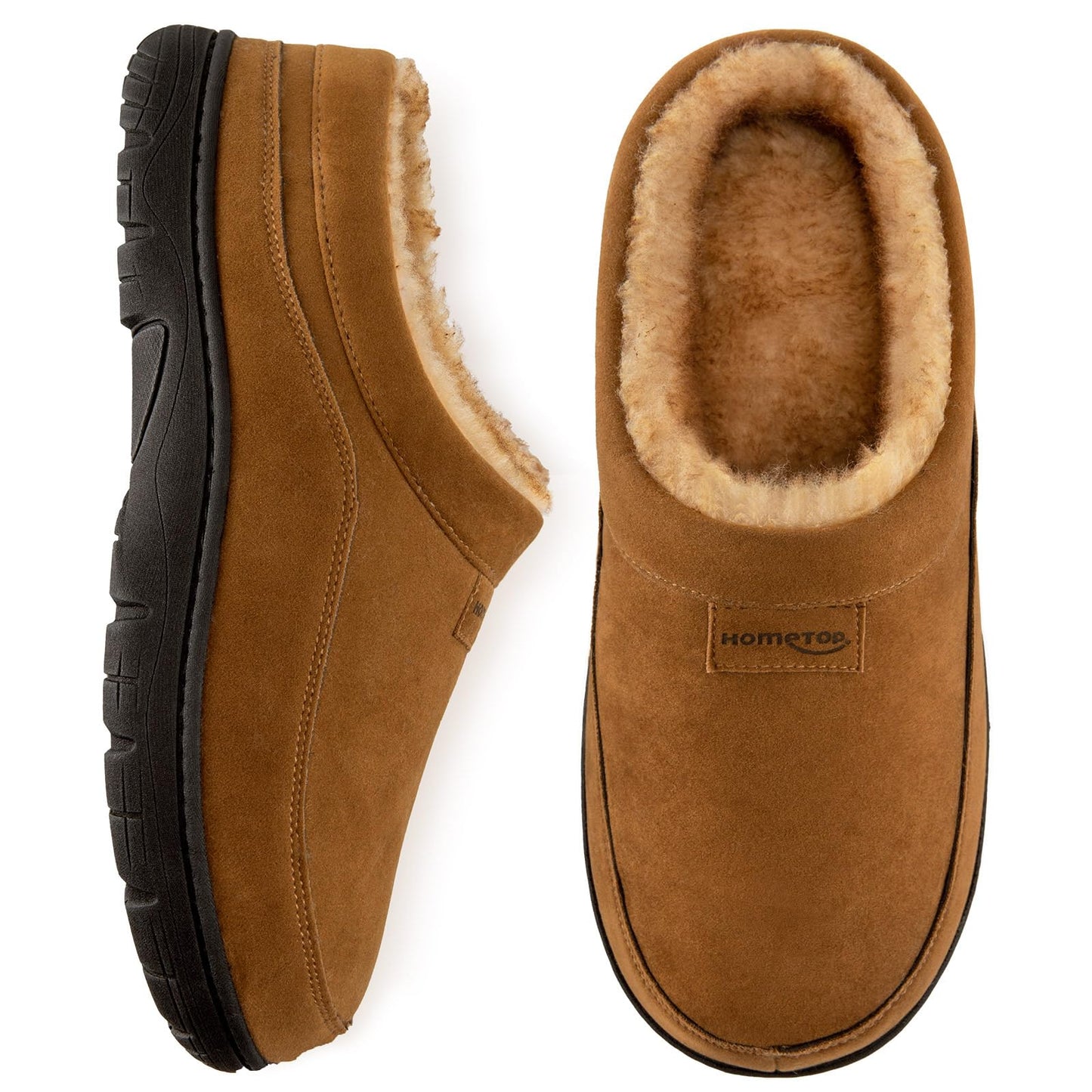 HomeTop Men's Moccasin Slippers Soft Warm Non-slip Memory Foam Indoor House Shoes with Fluffy Lining Chestnut, 9-10 US