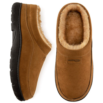 HomeTop Men's Moccasin Slippers Soft Warm Non-slip Memory Foam Indoor House Shoes with Fluffy Lining Chestnut, 9-10 US