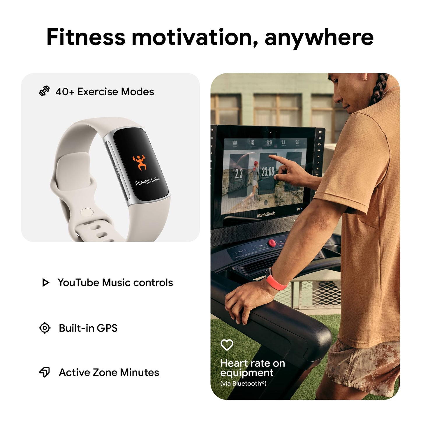 Fitbit Charge 6 Fitness Tracker with Google apps, Heart Rate on Exercise Equipment, 6-Months Premium Membership Included, GPS, Health Tools and More, Porcelain/Silver, One Size (S & L Bands Included)