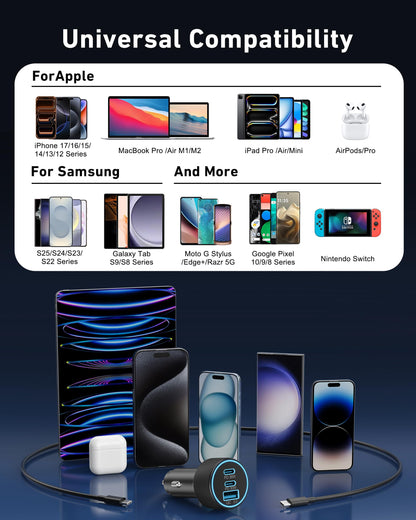 USB C Car Charger, 3-Port 67W Dual USB-C & USB-A Car Power Adapter PD/QC Fast Charging Cigarette Lighter for iPhone 17/16/15/14/13/12/11 Pro Max, iPad, Samsung Galaxy S25 S24/S23/S22, Pixel, Android