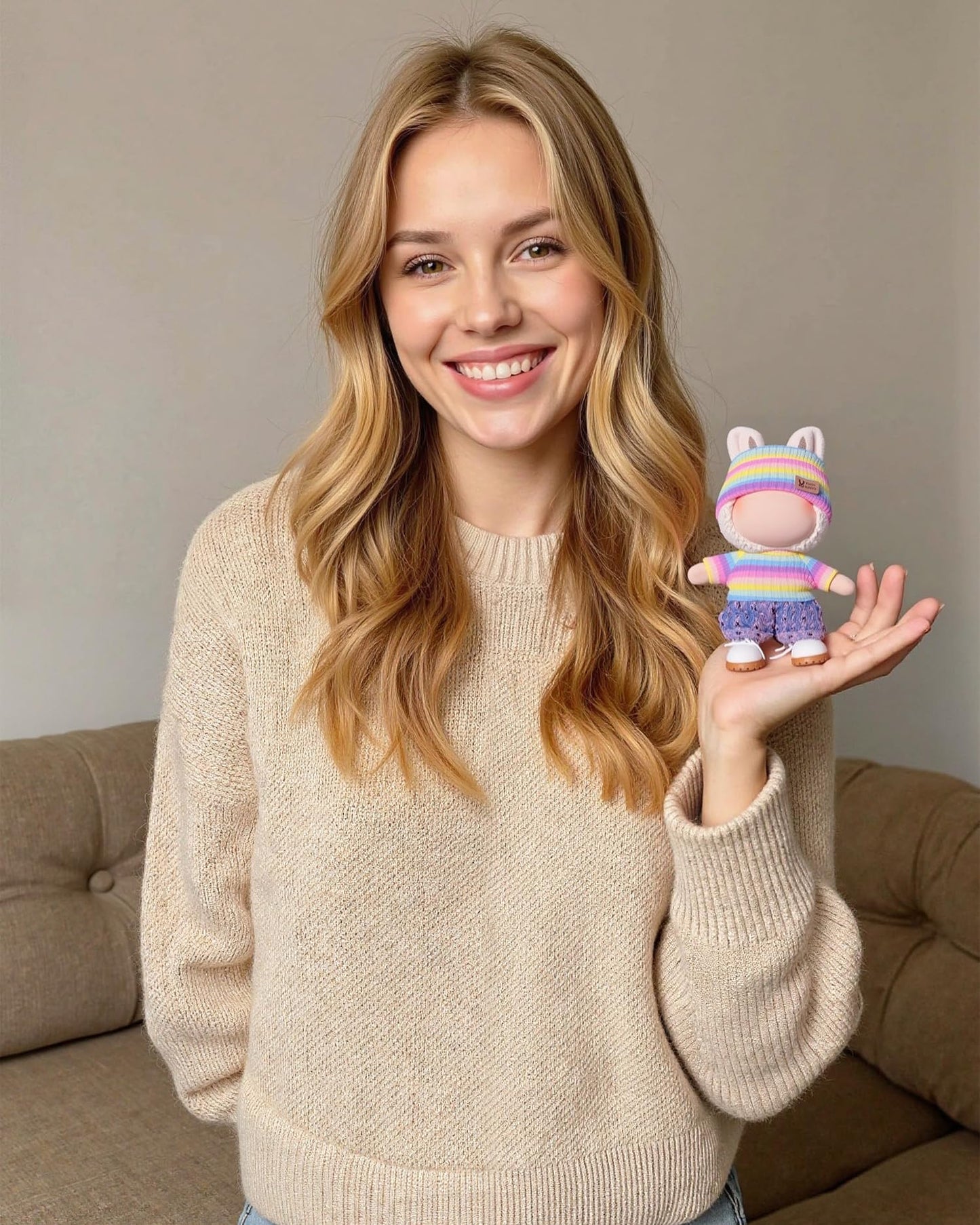 4pcs Handcrafted 15cm/17cm Doll Clothes Set for Labubu (No Doll), Cute and Premium Outfits Accessories, Hand Crocheted Hat, Sweaters, Skirt, Bag (Rainbow) AK052