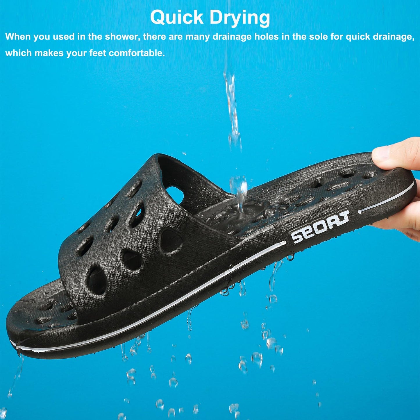 FINLEOO Shower Shoes for Women Men, Quick Drying Shower Sandals with Drain Holes Non-Slip Pool Slides Comfortable Lightweight House Slippers-Black
