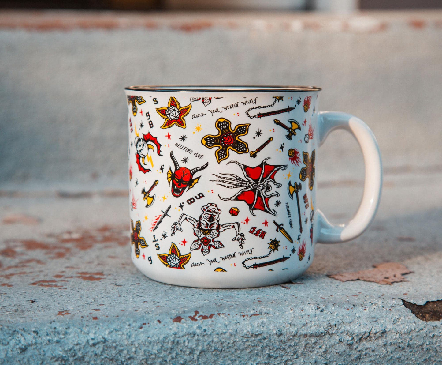 Silver Buffalo Stranger Things Hellfire Club Icons Ceramic Camper Mug | BPA-Free Travel Coffee Cup For Espresso, Cocoa, Tea | Holds 20 Ounces