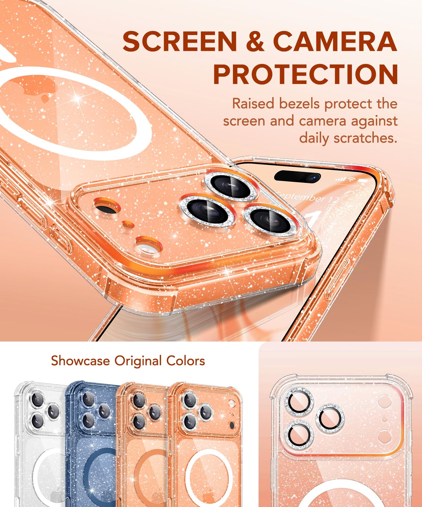 BERFY for iPhone 17 Pro Max Case for Women, Compatible with MagSafe, Clear Glitter Shockproof Protective Case, Anti-Yellowing, with Screen Protector & 3 Diamond Camera Lens Covers 6.9", Sparkle Clear