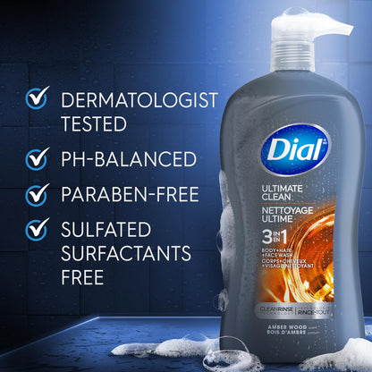Dial Men 3in1 Body, Hair and Face Wash, Ultimate Clean, 32 Fl Oz