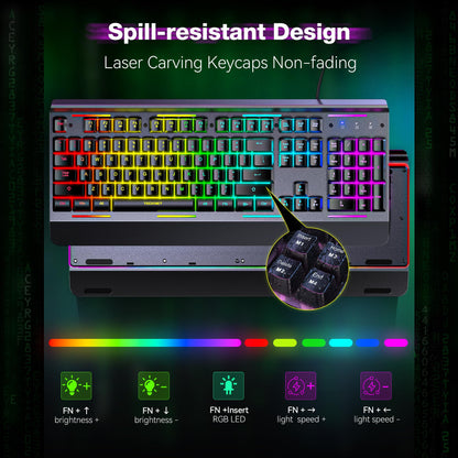 TECKNET Gaming Keyboard, 15-Zone RGB Illumination, All-Metal Panel Keyboard, IP32 Waterproof, 25 Anti-Ghosting, Quiet Typing, USB Wired Ergonomic Keyboard for Windows XP/Vista/7/8/10/11