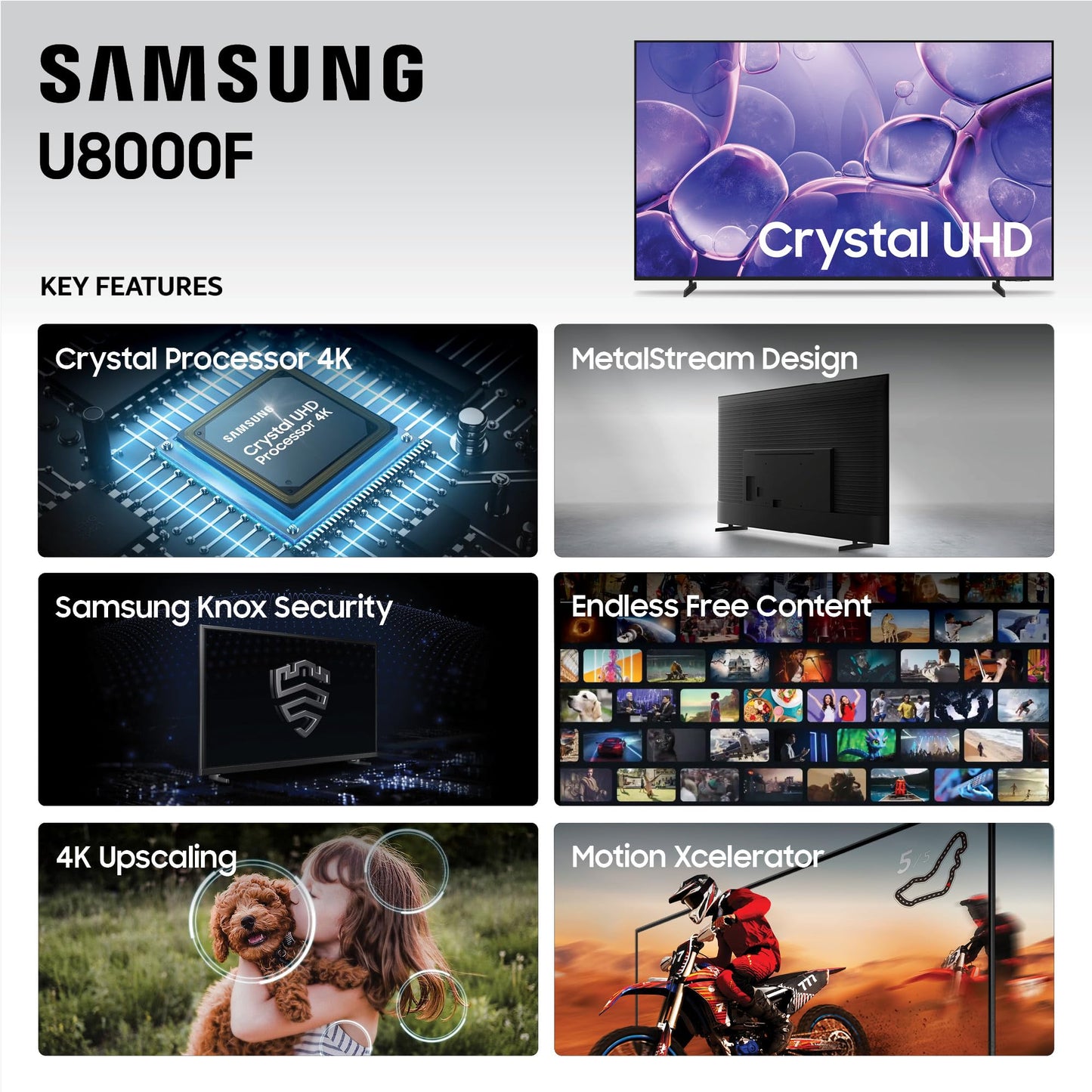 Samsung 50-Inch Class Crystal UHD U8000F 4K Smart TV (2025 Model) Endless Free Content, Crystal Processor 4K, MetalStream Design, Knox Security, Alexa Built-in