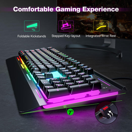 TECKNET Gaming Keyboard, 15-Zone RGB Illumination, All-Metal Panel Keyboard, IP32 Waterproof, 25 Anti-Ghosting, Quiet Typing, USB Wired Ergonomic Keyboard for Windows XP/Vista/7/8/10/11