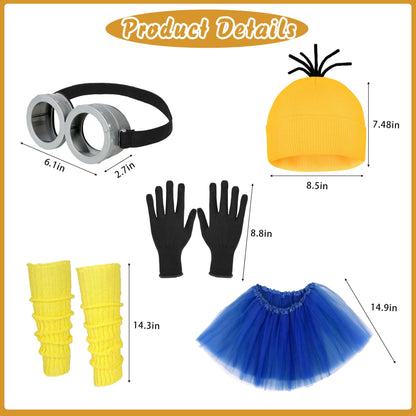 Tinyones 6 Pcs Women's Halloween Costume Accessories Set, Goggles/Yellow Beanie/Blue Dress/Blue Suspenders/Gloves/Yellow Stockings