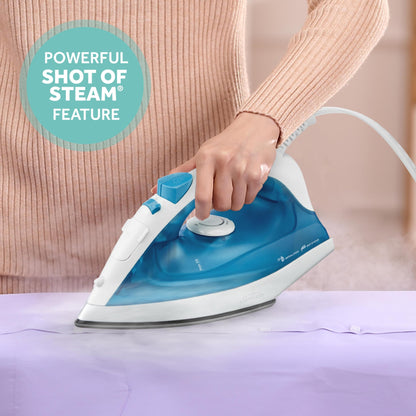 Sunbeam Compact Steam Iron, 1200 Watts, Non-Stick Soleplate, Powerful Shot of Steam, Horizontal or Vertical, Spray Mist, Precision Tip, White/Blue