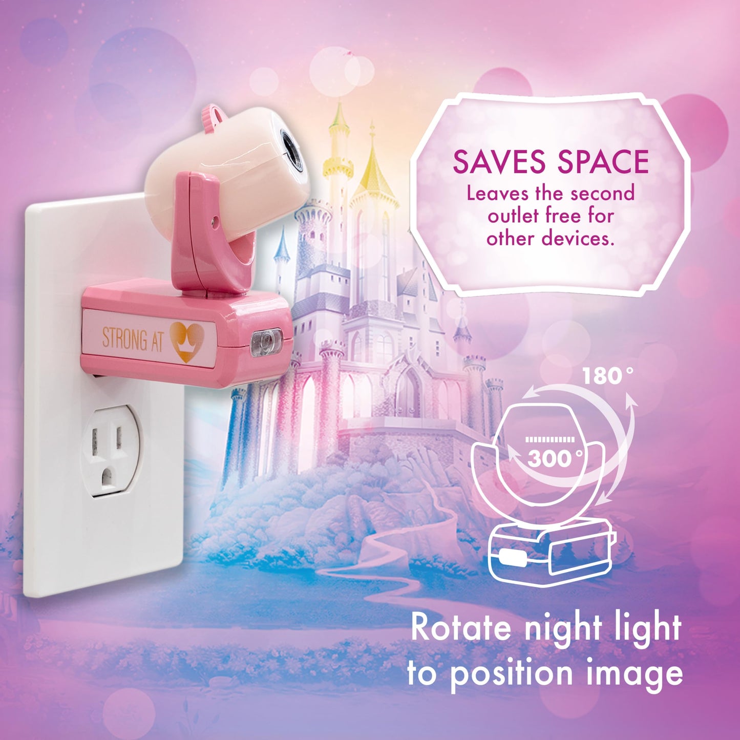Projectables Disney Princess LED Kids Night Light, Projector, Plug-In, Dusk-to-Dawn Sensor, Belle, Jasmine, Ariel, Moana, Tiana & Mulan, Pink, 11738