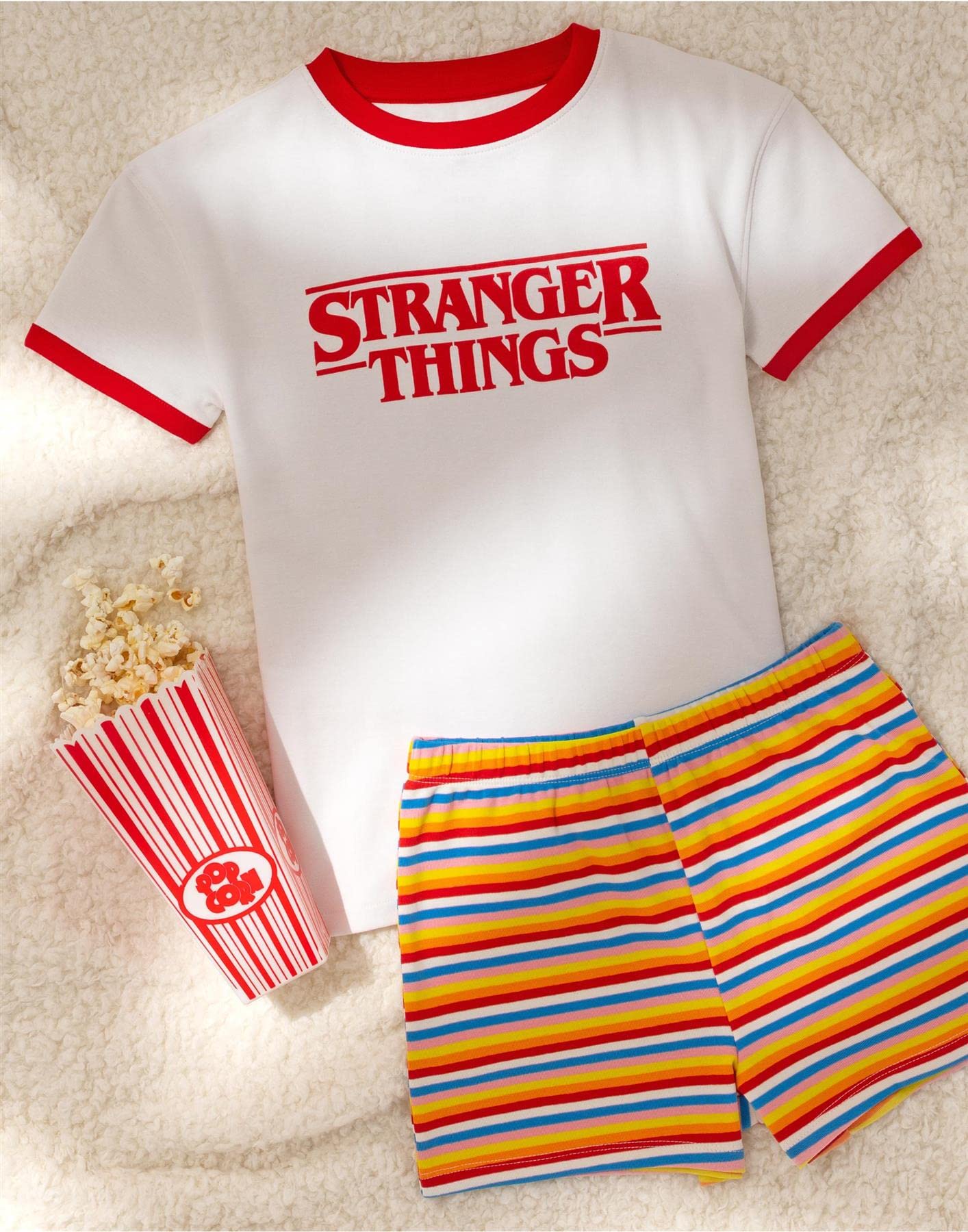 Stranger Things Kids T-Shirt & Shorts Daywear Set | Girls Max Character Striped Shorts White T-Shirt Complete Outfit | Netflix Series Merchandise