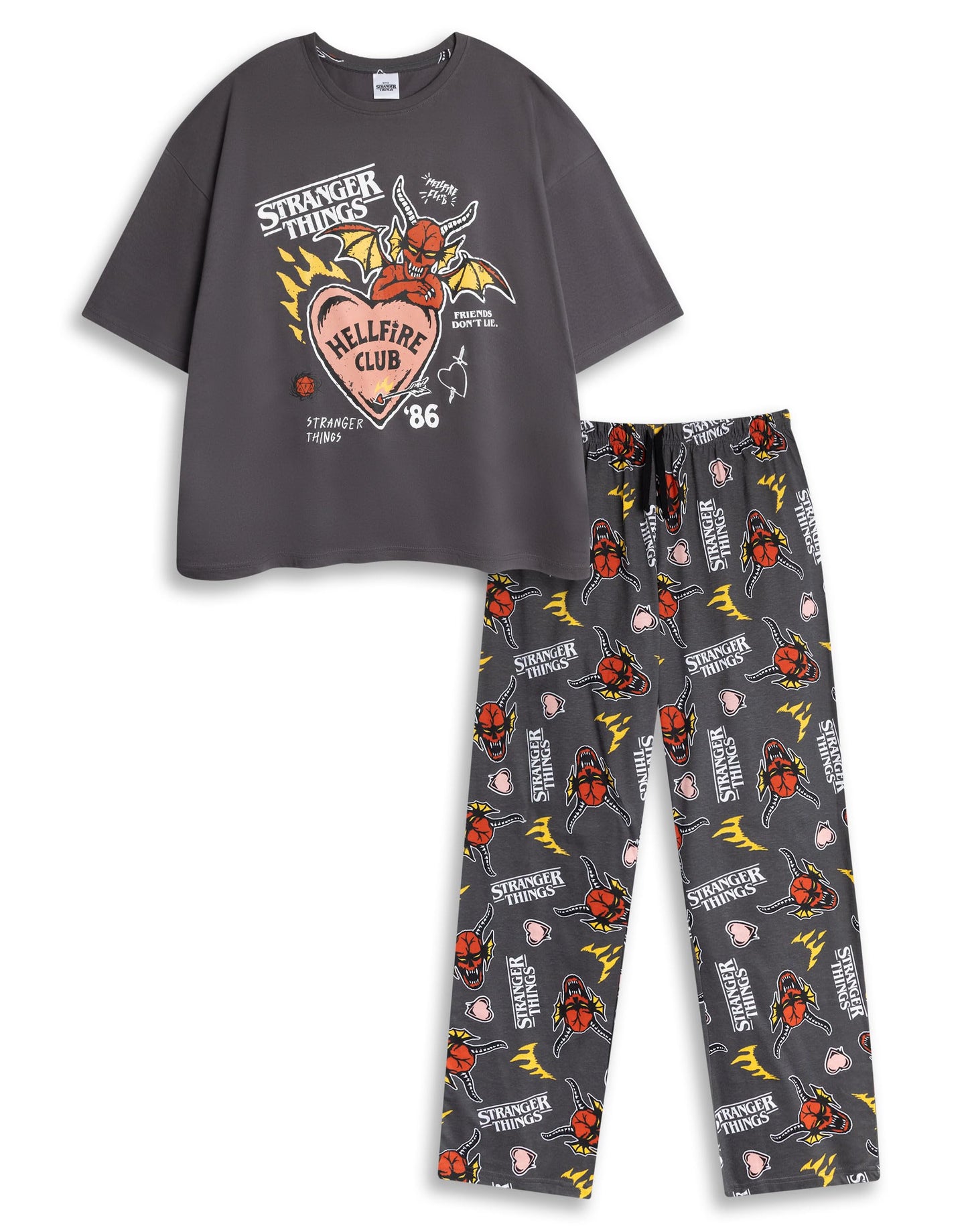 Stranger Things Hellfire Club Womens Black Short Sleeve Long Leg Pyjama Set | Graphic Tee & Cartoon Bottoms | Sleepwear for Fans of the Series Merch - Medium