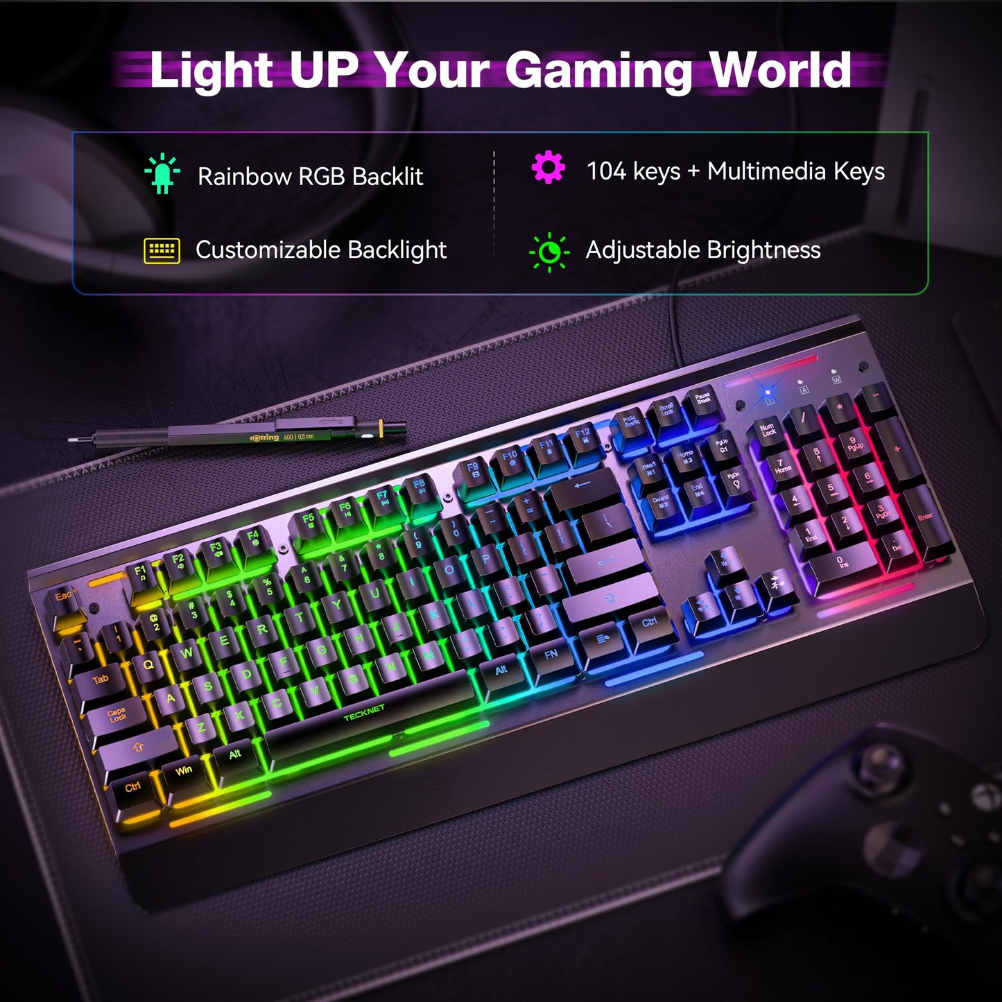 TECKNET Gaming Keyboard, 15-Zone RGB Illumination, All-Metal Panel Keyboard, IP32 Waterproof, 25 Anti-Ghosting, Quiet Typing, USB Wired Ergonomic Keyboard for Windows XP/Vista/7/8/10/11